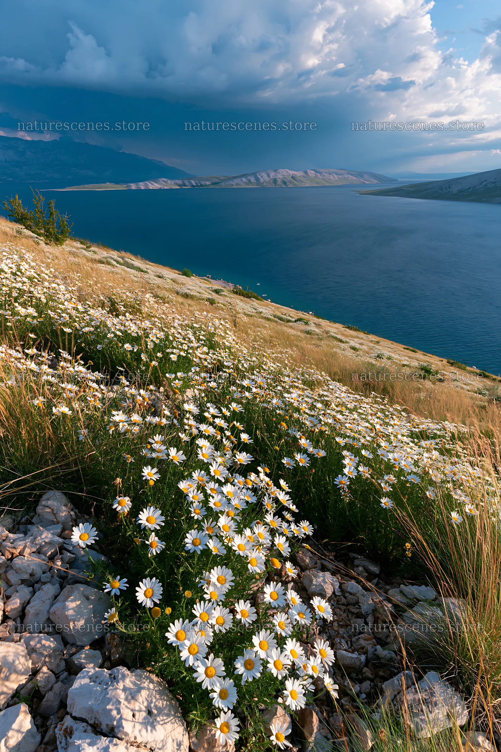 Croatian meadow above Adriatic coast with flowers and sea view – nature scenes 6480x9722