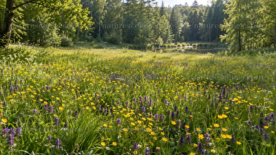 Forest Clearing with Sunbeams and Wildflowers – nature scenes 10324x5812