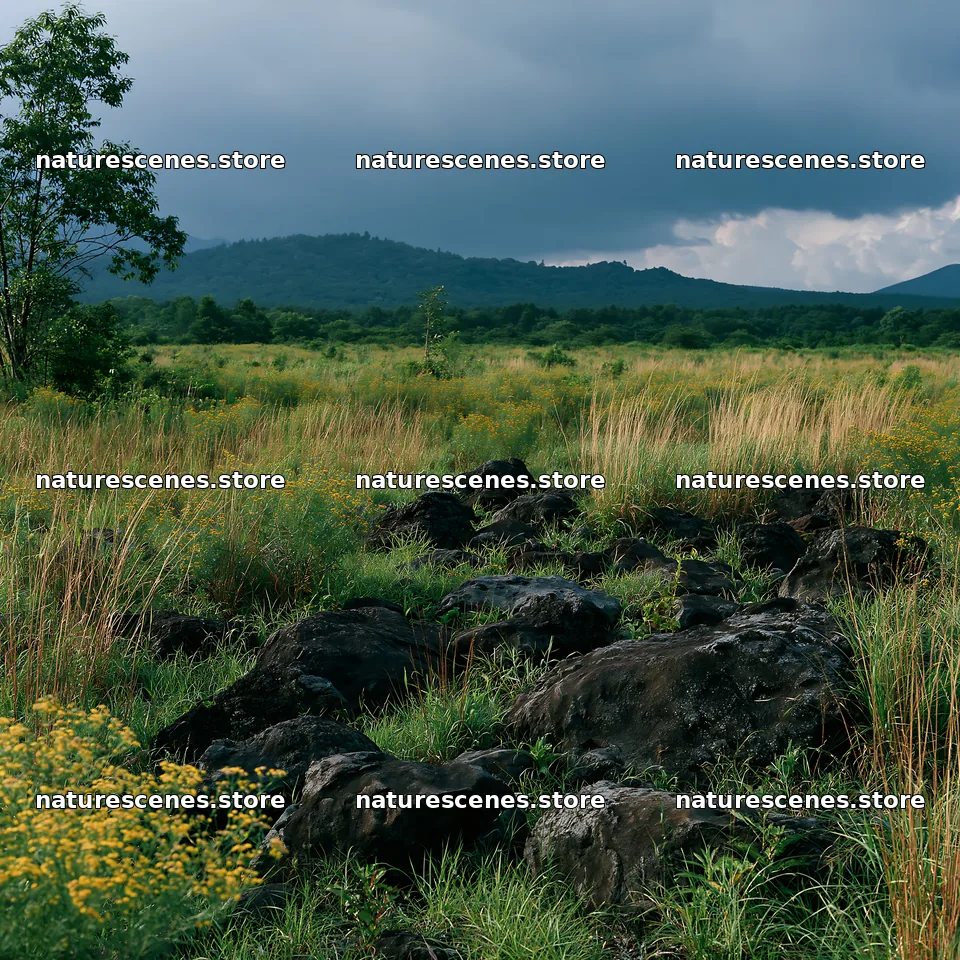 Yamanashi regenerative meadow with basalt stones under cloudy sky – nature scenes 7938x7938