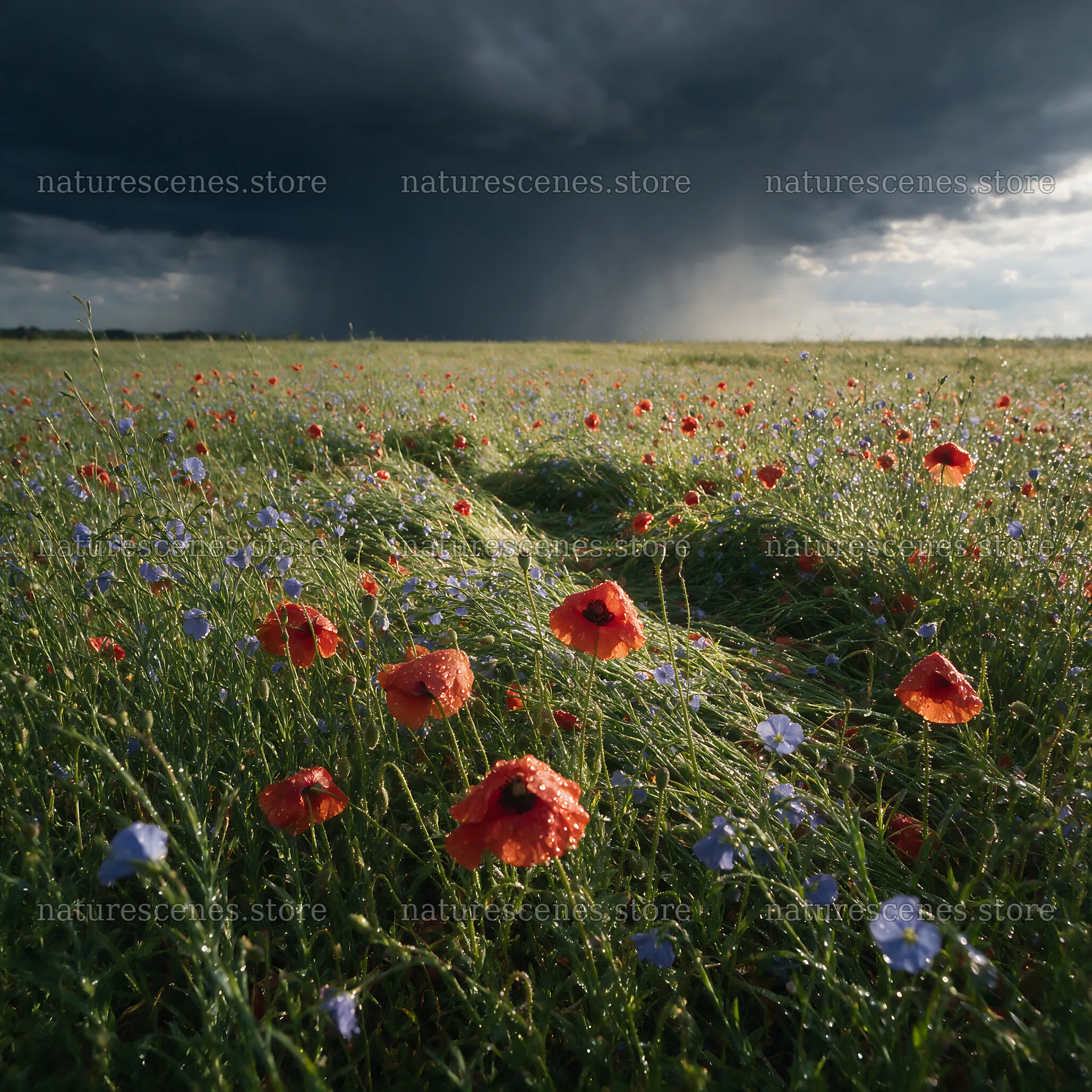 Poppy flax meadow with dark clouds and rain in the background – nature scenes 7938x7938
