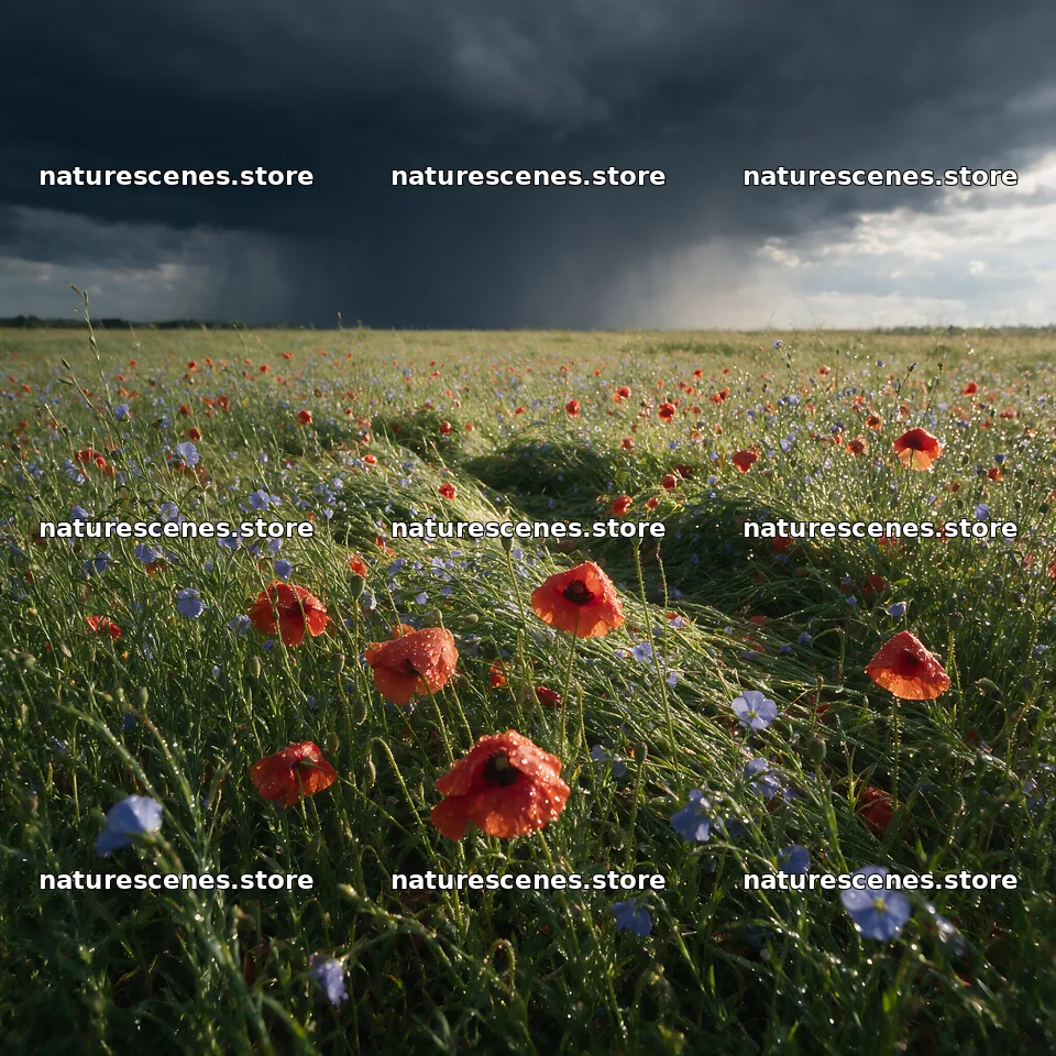 Poppy flax meadow with dark clouds and rain in the background – nature scenes 7938x7938