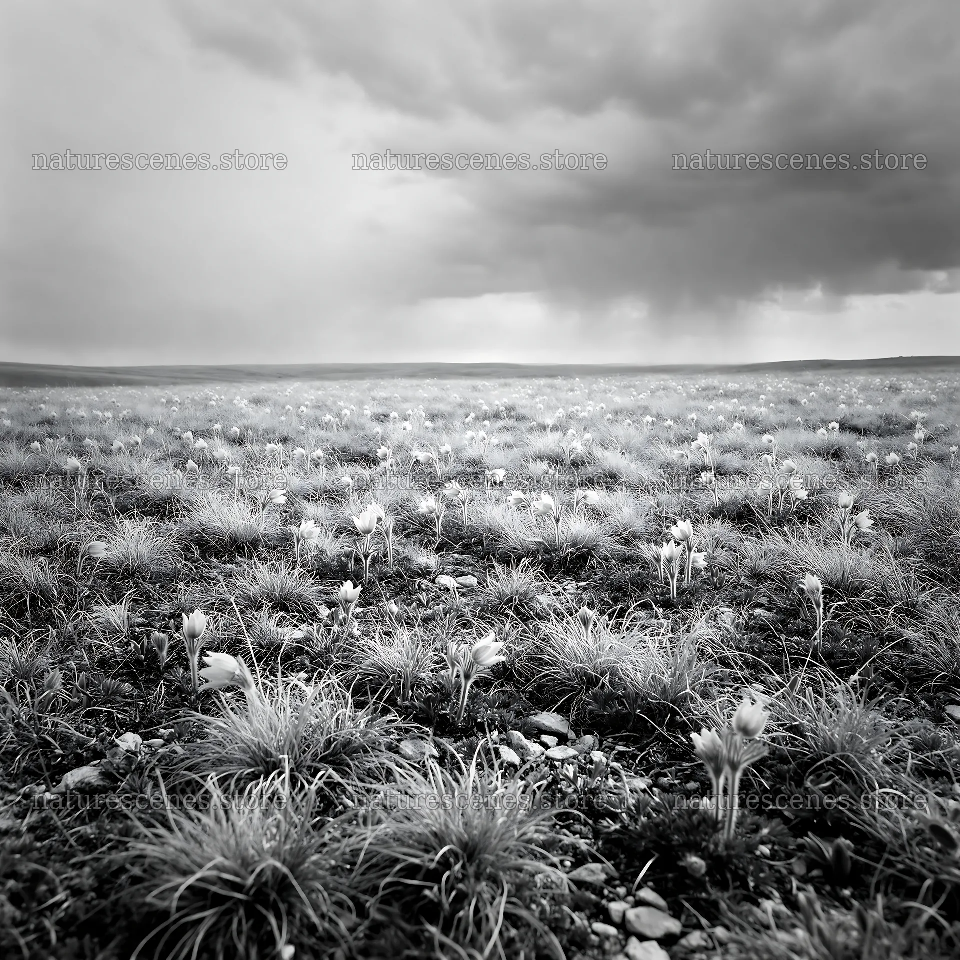Cloudy dry flower meadow under overcast weather – nature scenes 7938x7938