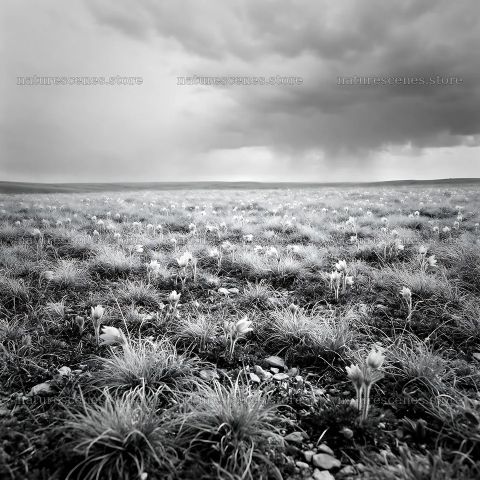 Cloudy dry flower meadow under overcast weather – nature scenes 7938x7938