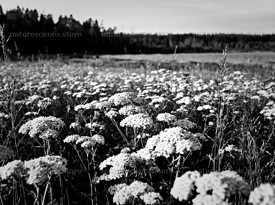 Lakeside meadow with flowers in black and white – nature scenes 9174x6866