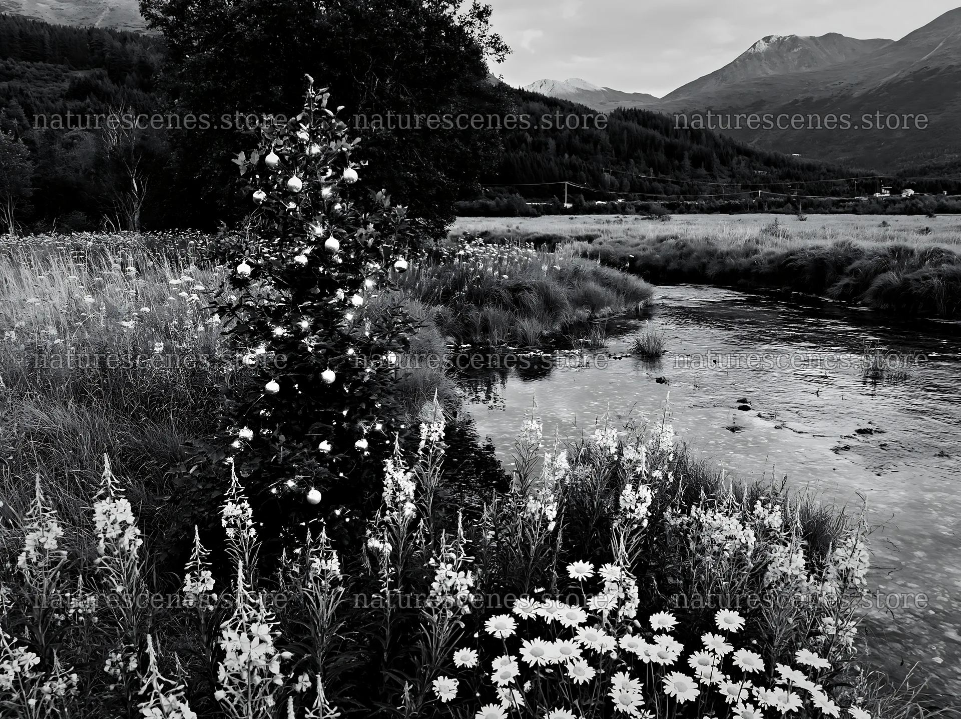 Christmas tree beside a stream in a meadow – nature scenes 9174x6866