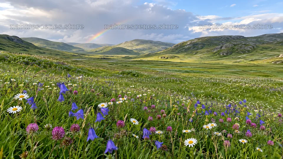 Wildflower Meadow Beneath a Rainbow and Hills – nature scenes 10324x5812