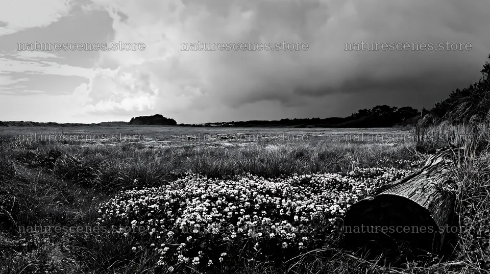 Chiba coastal meadow with driftwood and flowers on the ground – nature scenes 10608x5938