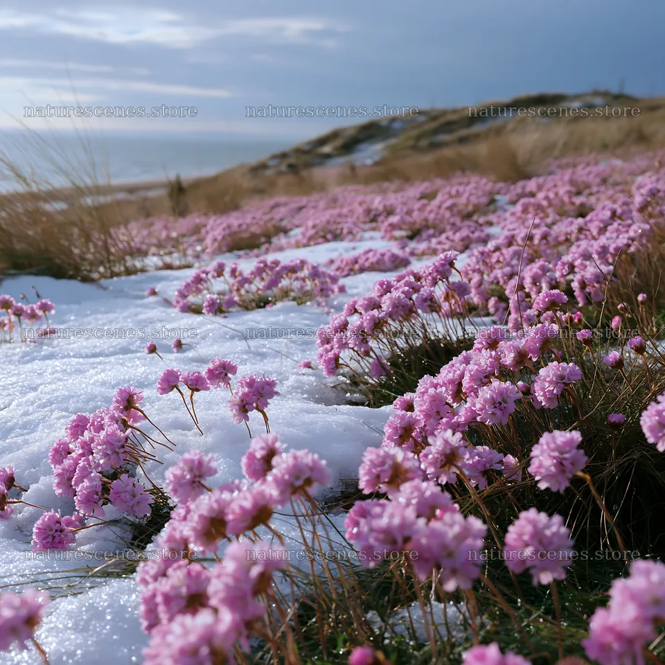 Dune meadow snow with pink flowers and ocean in the distance – nature scenes 7938x7938