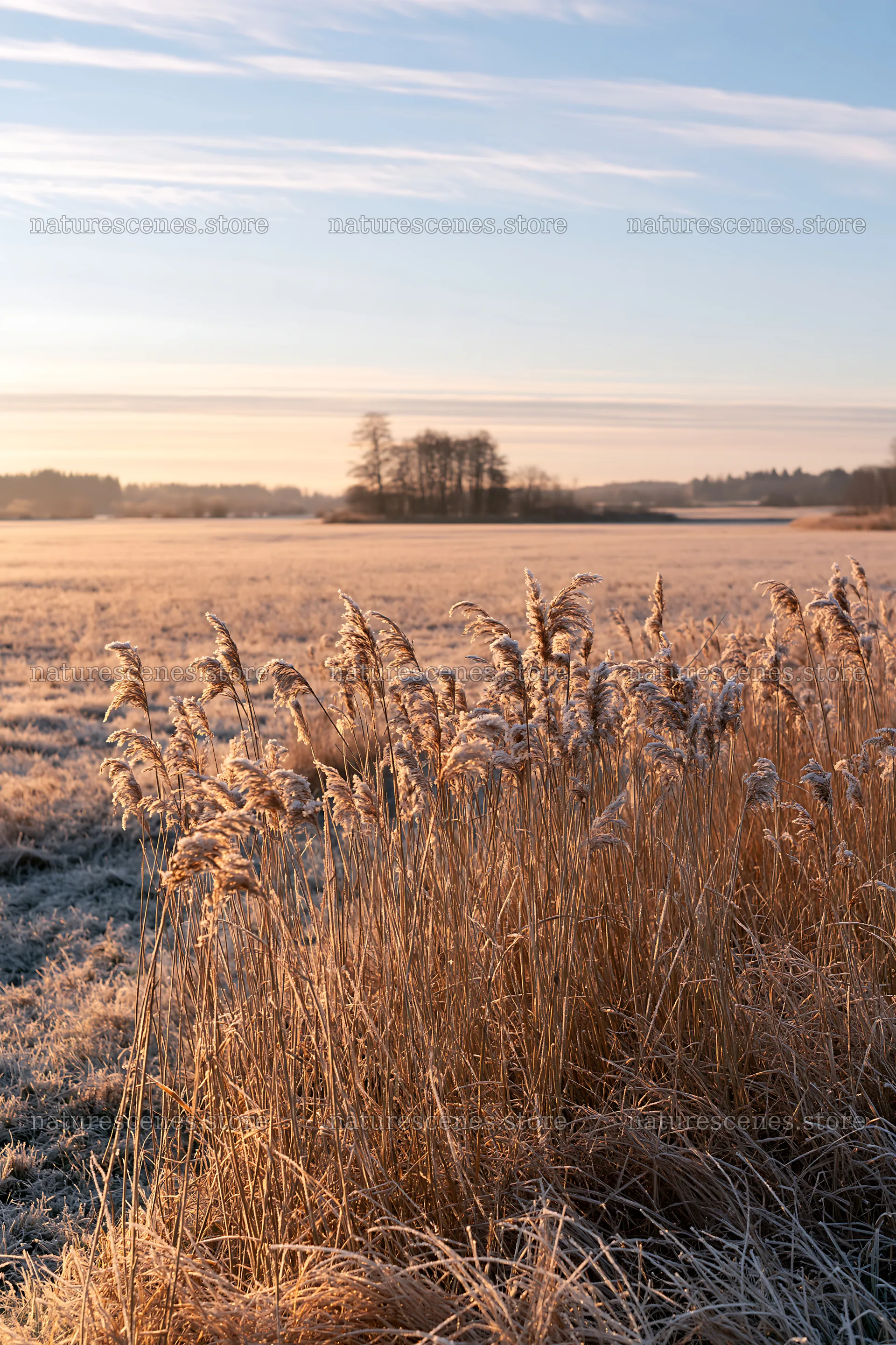Saga floodplain meadow with reeds in frost at sunrise – nature scenes 6480x9722