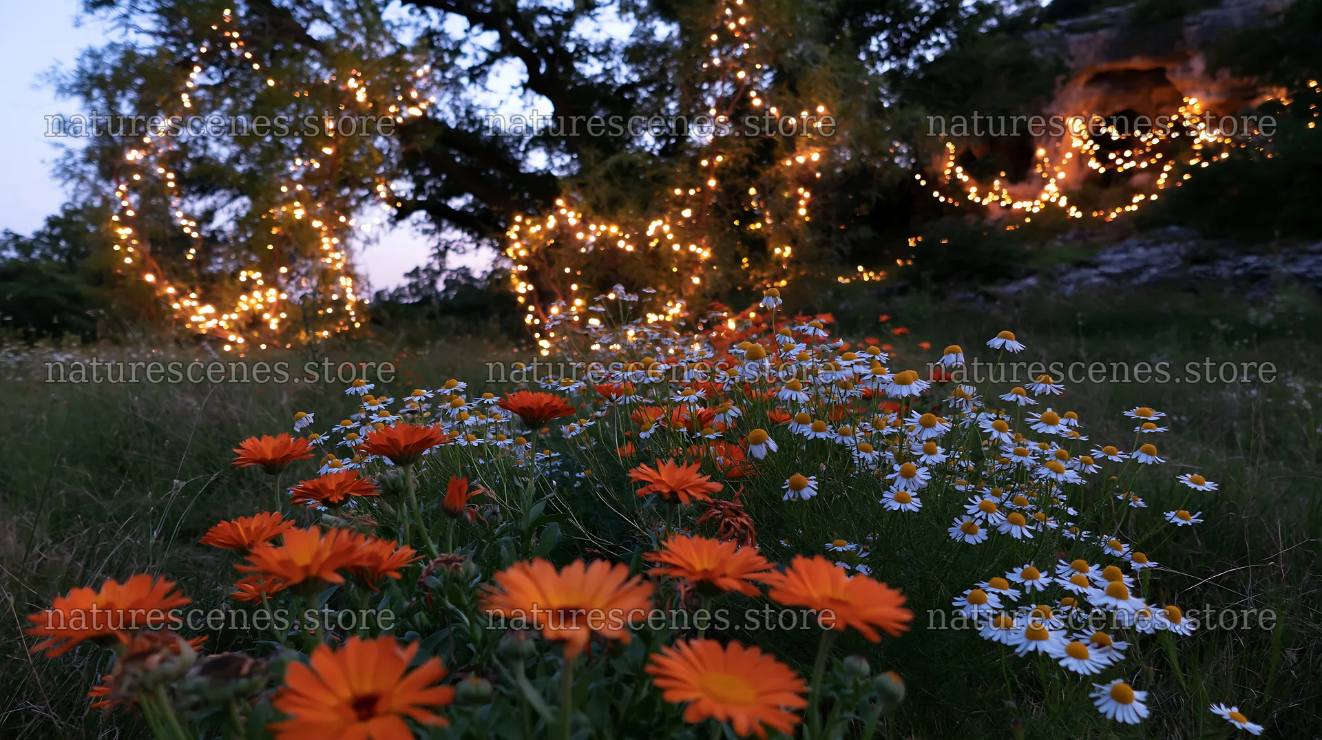 Christmas lights in meadow near cave at dusk – nature scenes 10608x5938