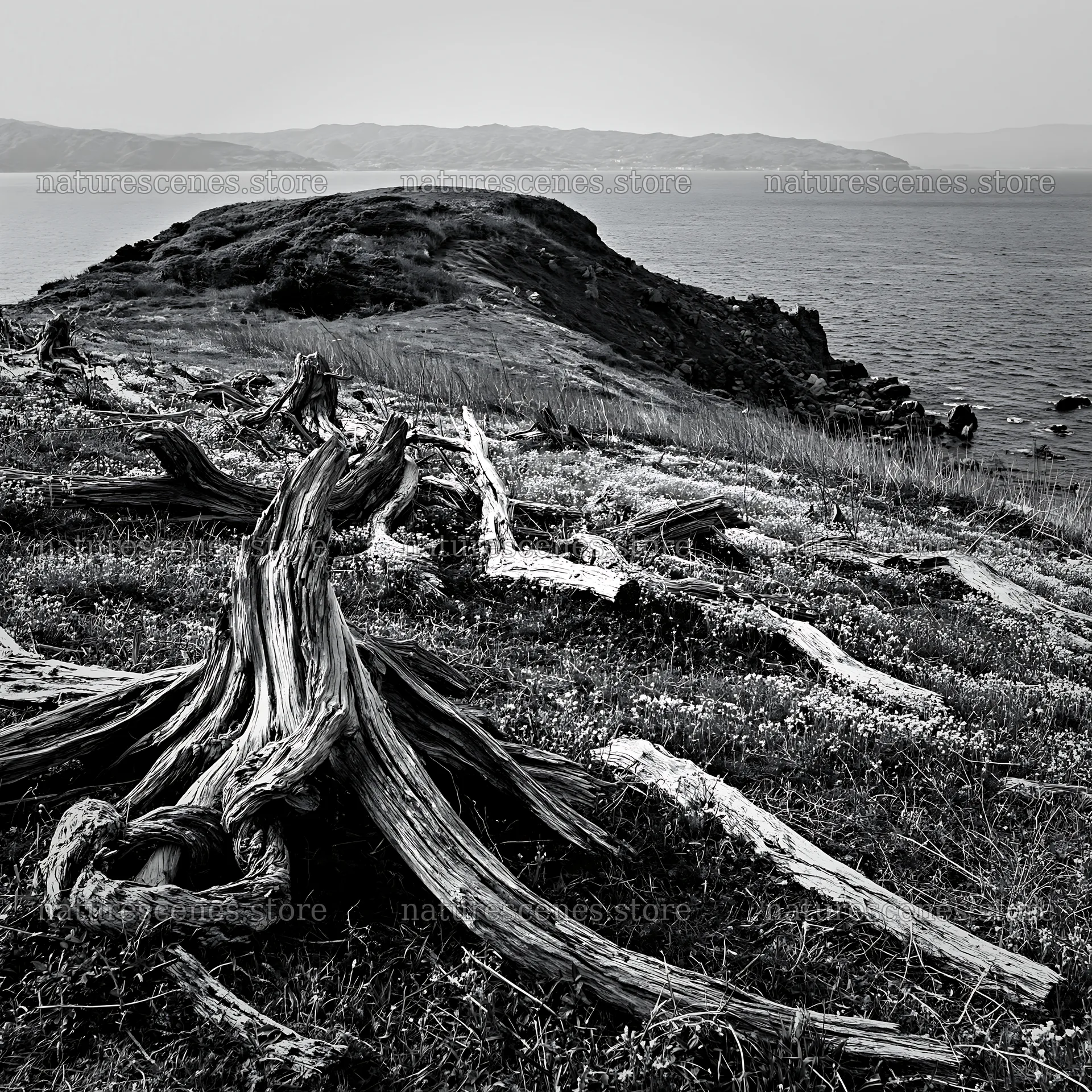 Nagasaki coastal meadow with driftwood in the foreground – nature scenes 7938x7938