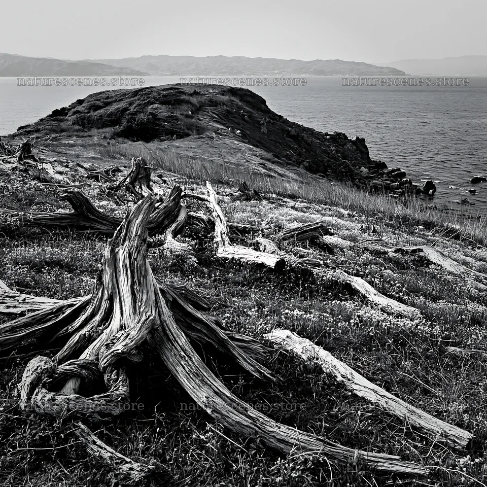 Nagasaki coastal meadow with driftwood in the foreground – nature scenes 7938x7938