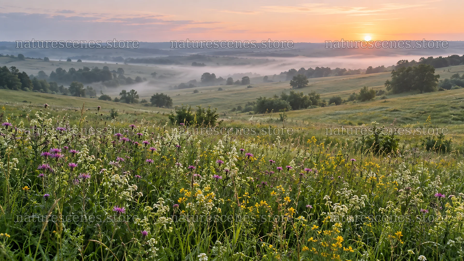 Wildflower meadow and misty hills at sunrise – nature scenes 10324x5812