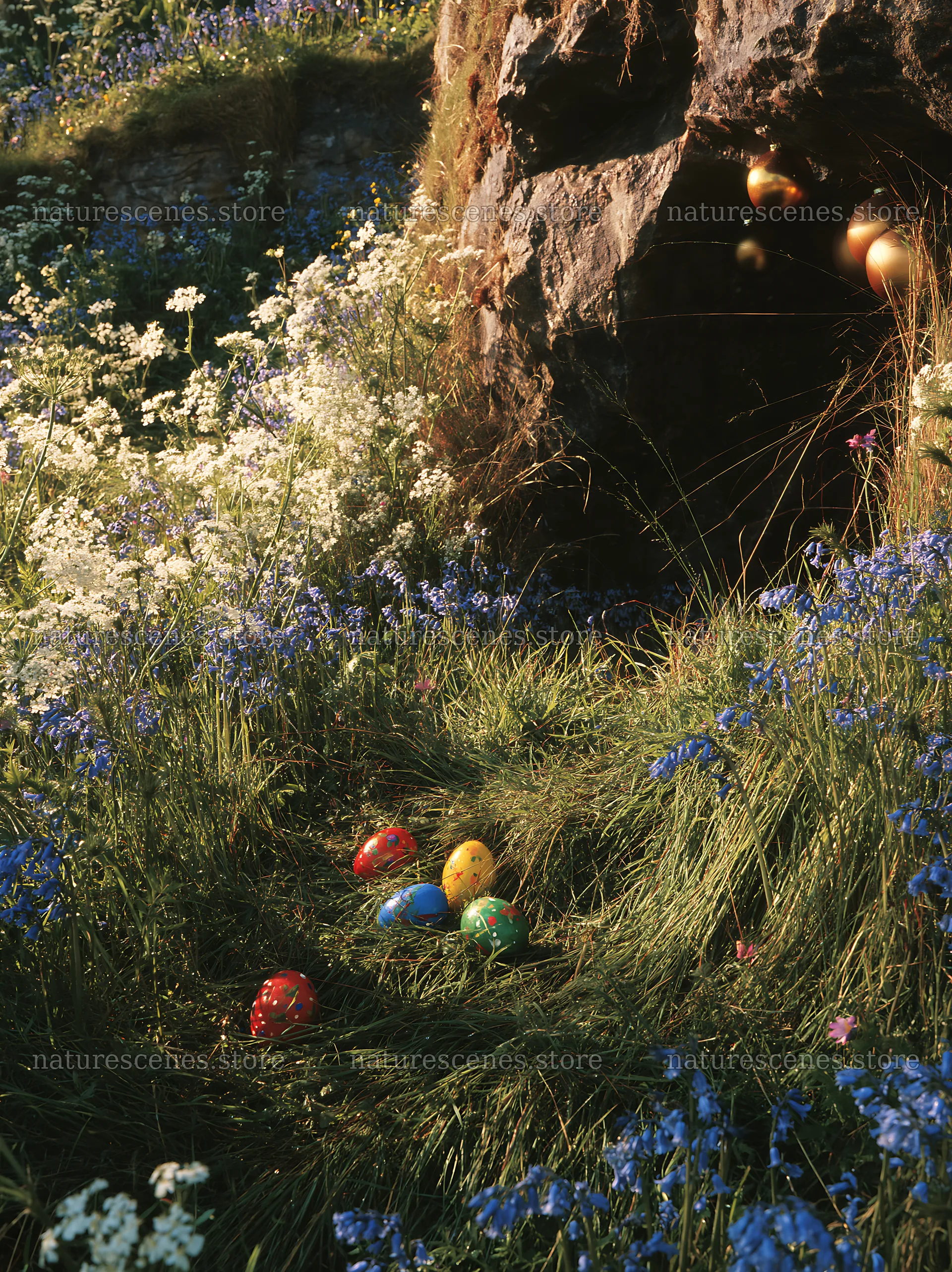 Christmas ornaments near cave in meadow – nature scenes 6866x9174