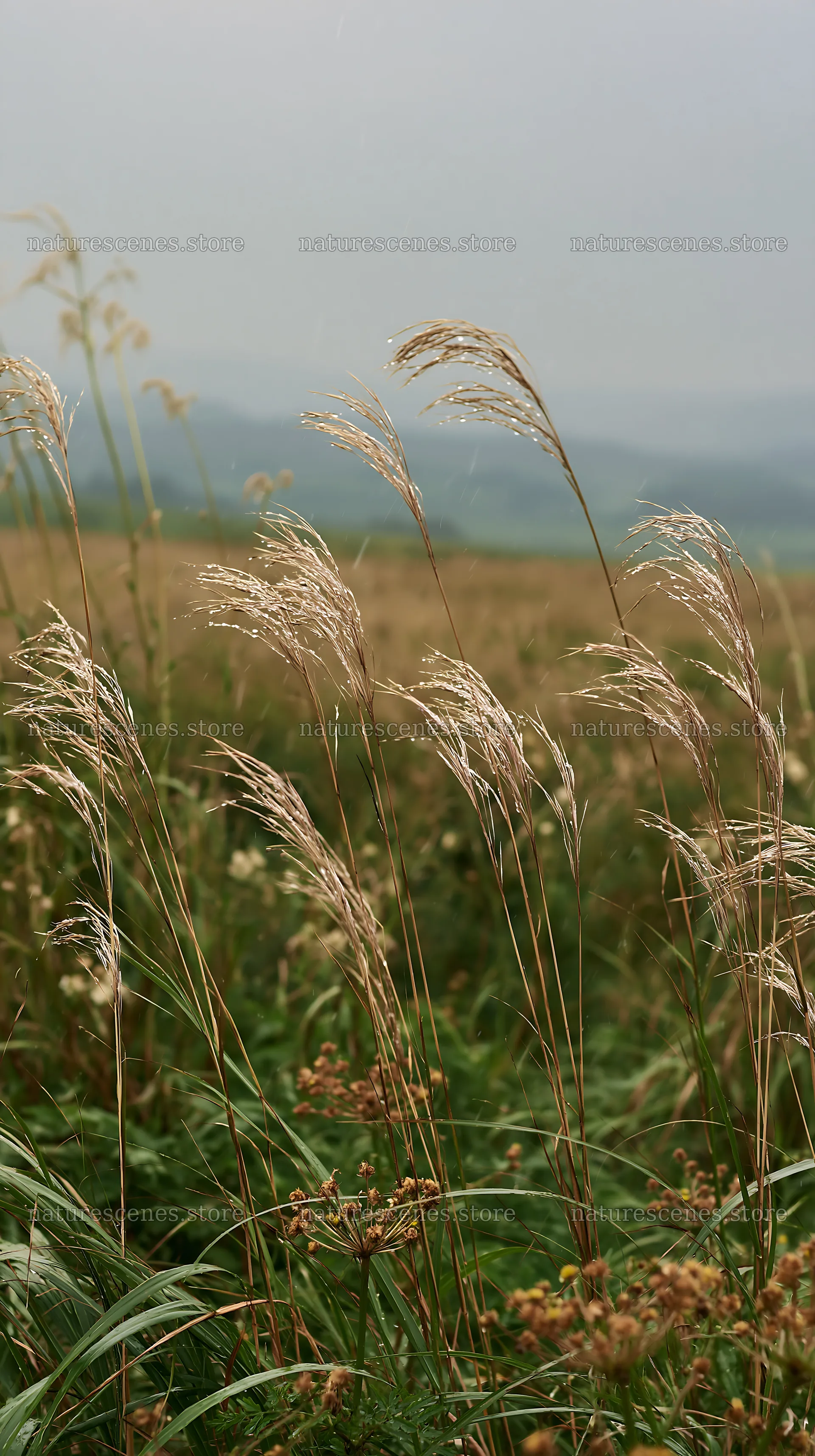 Iwate rain refreshed meadow seedhead foreground – nature scenes 5938x10608