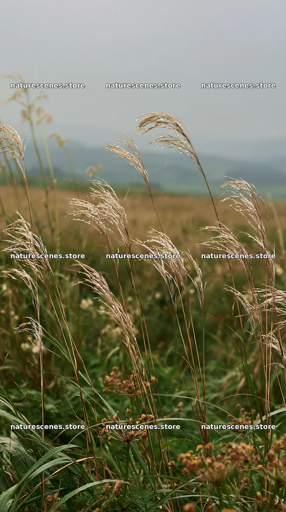 Iwate rain refreshed meadow seedhead foreground – nature scenes 5938x10608