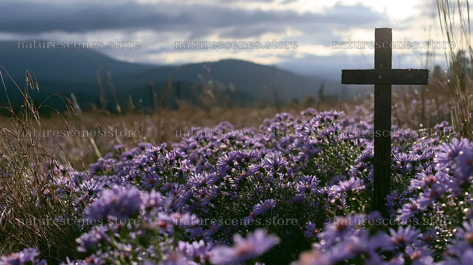 Christian cross surrounded by flowers in a meadow – nature scenes 10608x5938