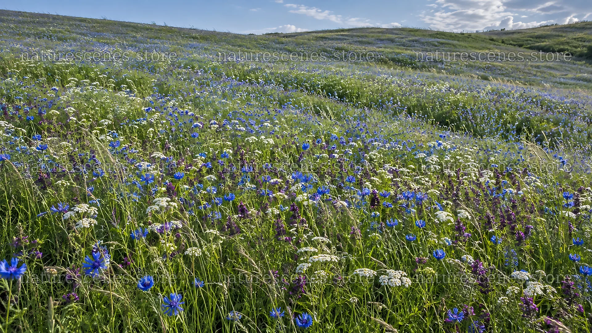 Wildflowers cover rolling green hills – nature scenes 10324x5812