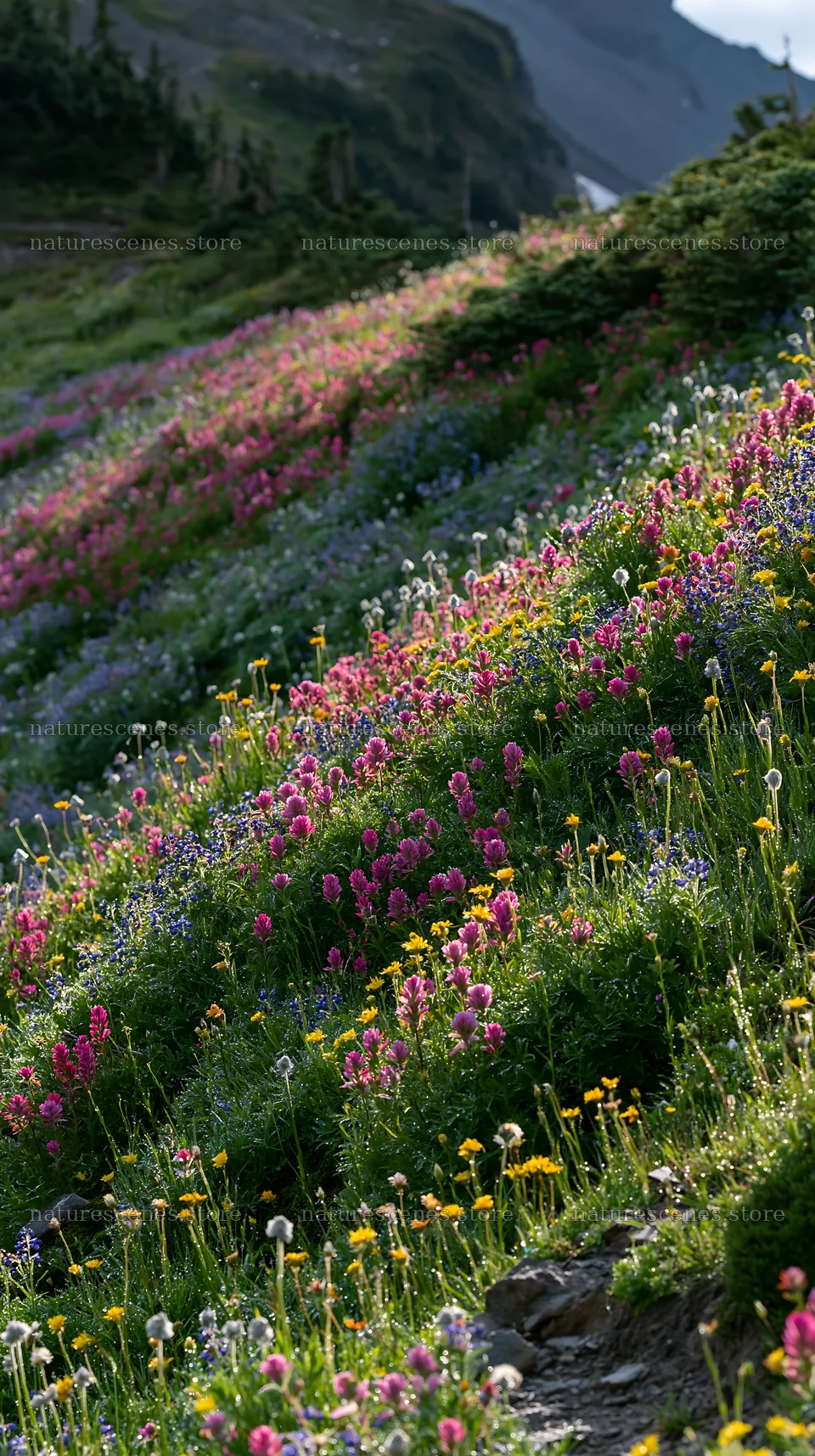 Vibrant flowers fill a silver dew meadow in sunlight – nature scenes 5938x10608