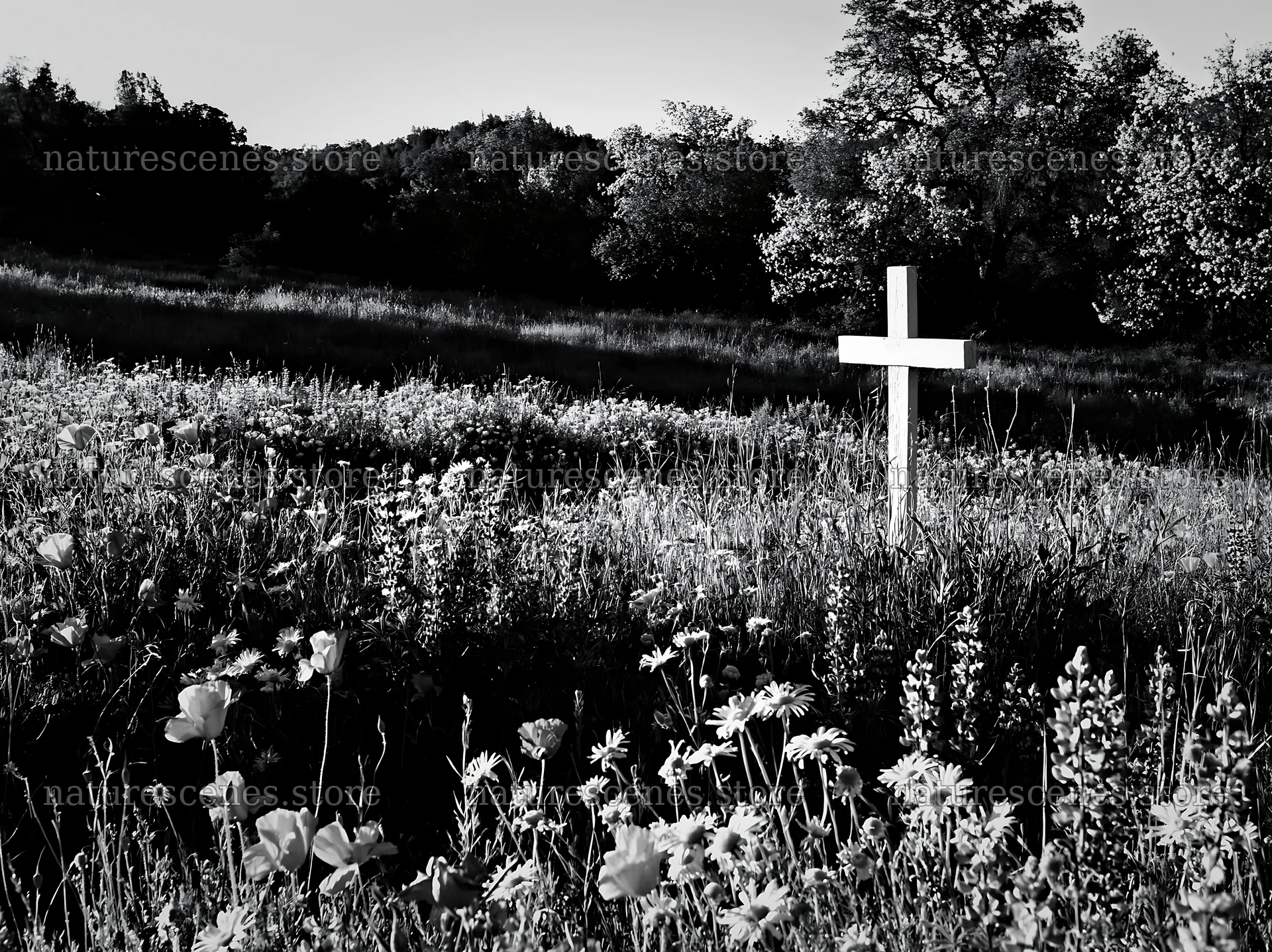 White Christian cross in Christmas meadow with flowers – nature scenes 9174x6866