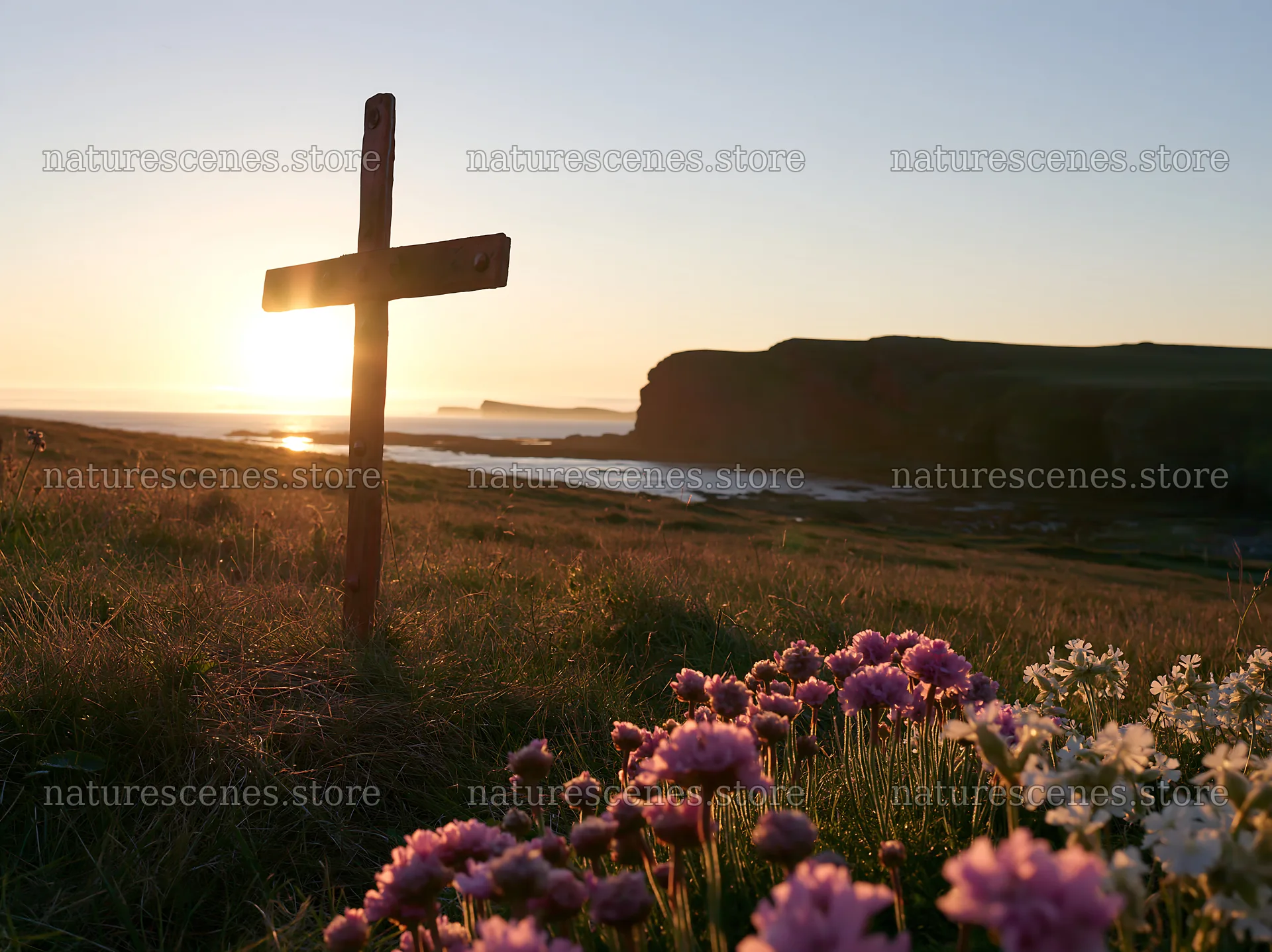 Christian cross at sunrise over meadow with flowers – nature scenes 9174x6866