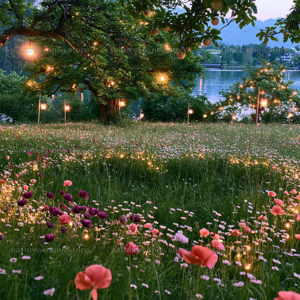 Christmas meadow with apple trees and lanterns at Lake Bled – nature scenes 7938x7938