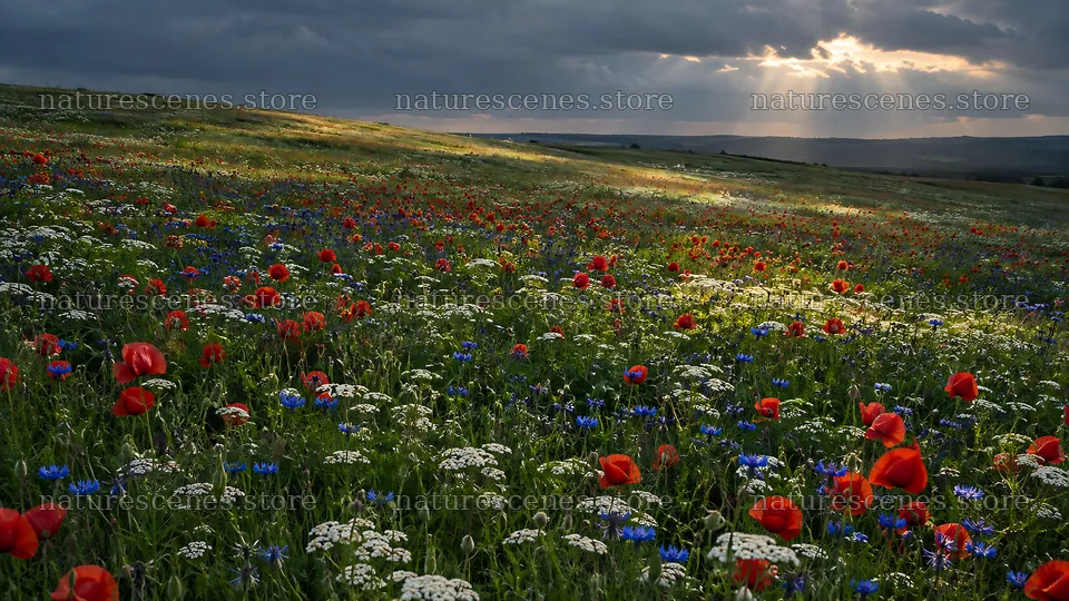 Sun Rays Break Through Dark Clouds Over a Meadow – nature scenes 10324x5812