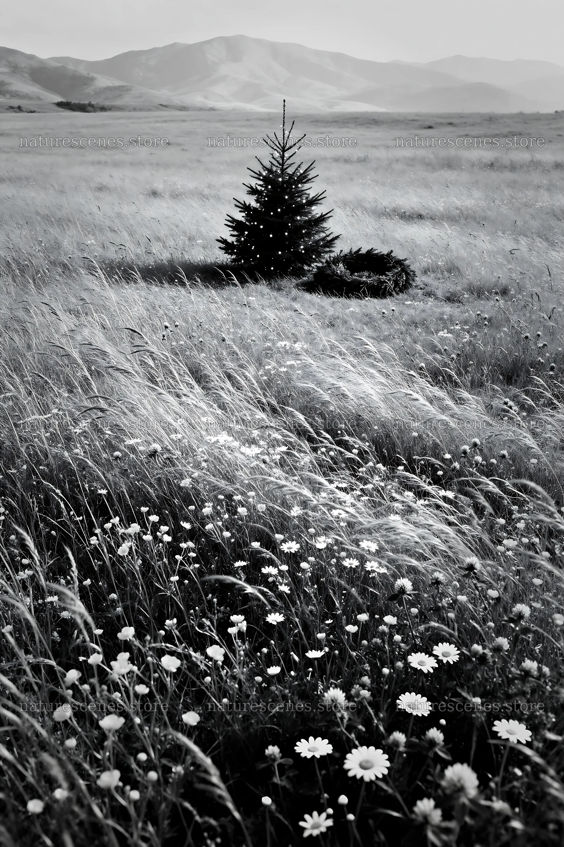 Christmas tree in mountain valley meadow – nature scenes 6480x9722
