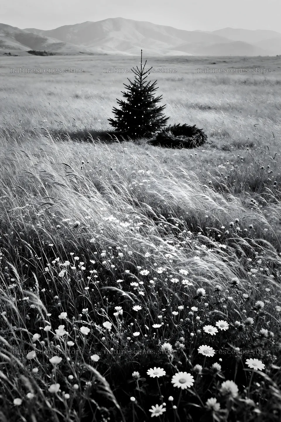 Christmas tree in mountain valley meadow – nature scenes 6480x9722