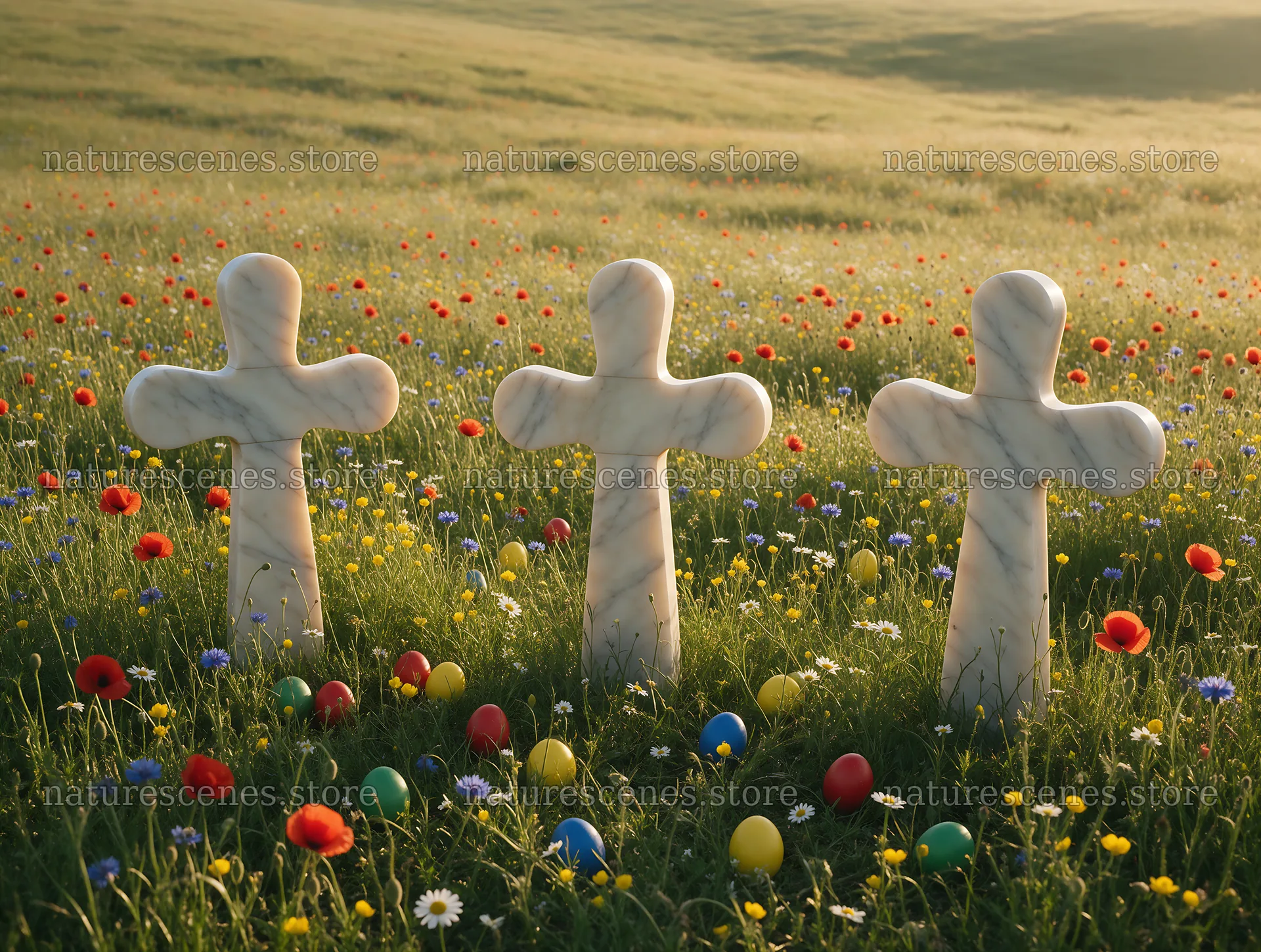 Christian crosses on rolling meadow beneath sunrise – nature scenes 9134x6898