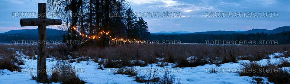Rustic Christian cross in winter meadow with snow – nature scenes 14762x4268