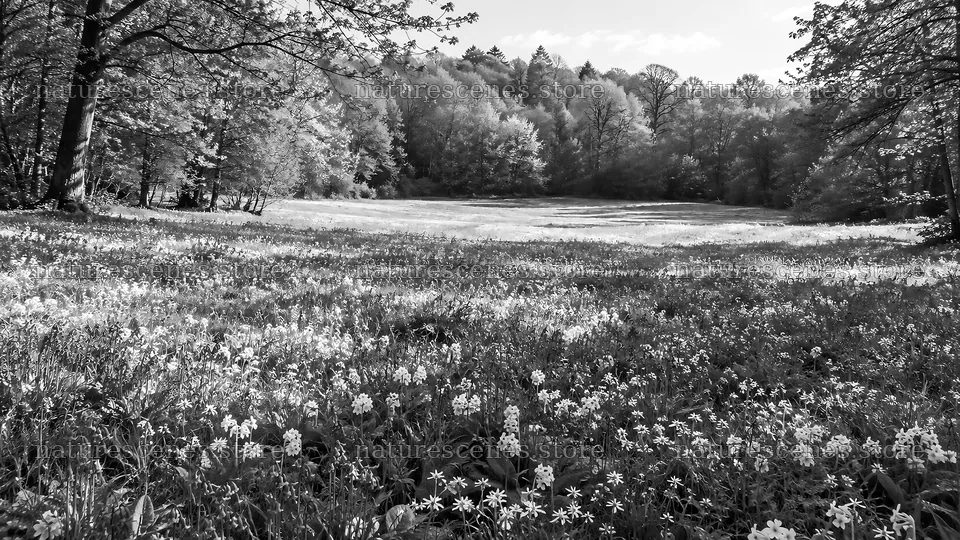 Monochrome Forest Clearing with Wildflowers – nature scenes 10324x5812