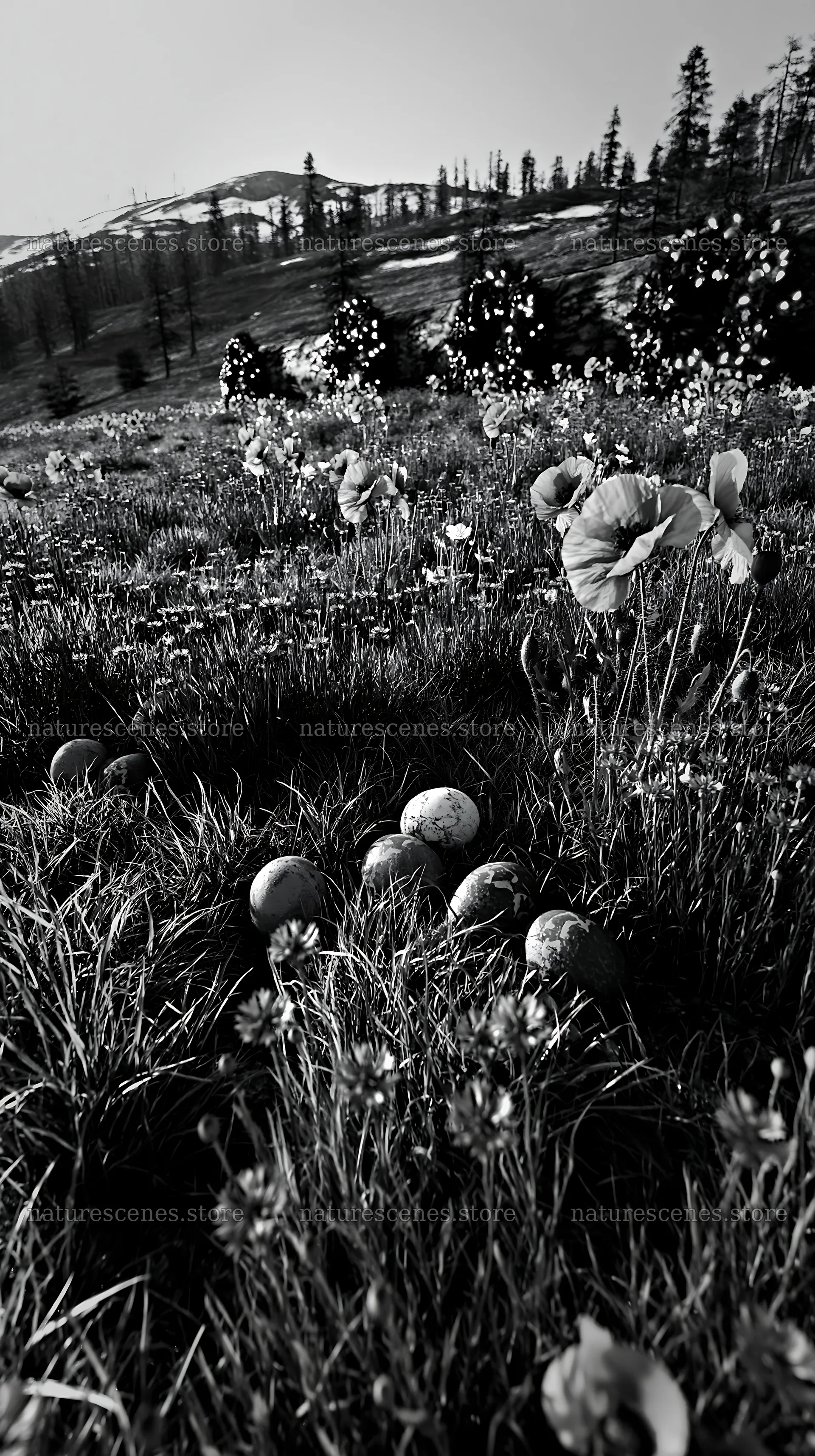 Expansive meadow with wreaths, soil conservation, and logs – nature scenes 5938x10608