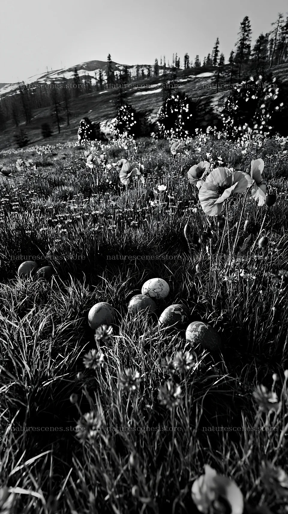 Expansive meadow with wreaths, soil conservation, and logs – nature scenes 5938x10608