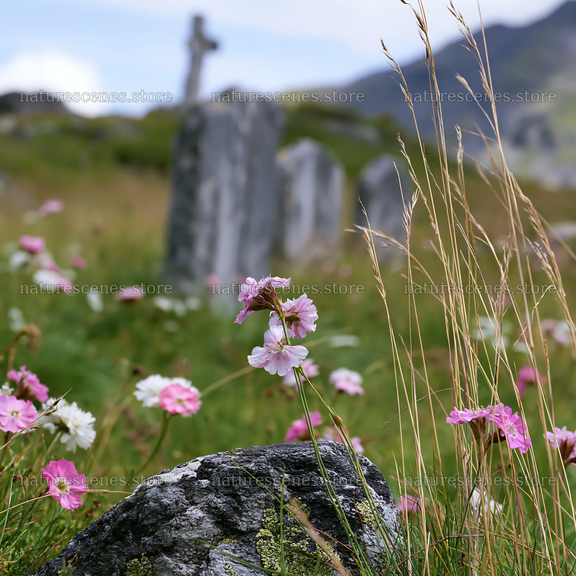 Christian cross in mountain meadow with flowers – nature scenes 7938x7938