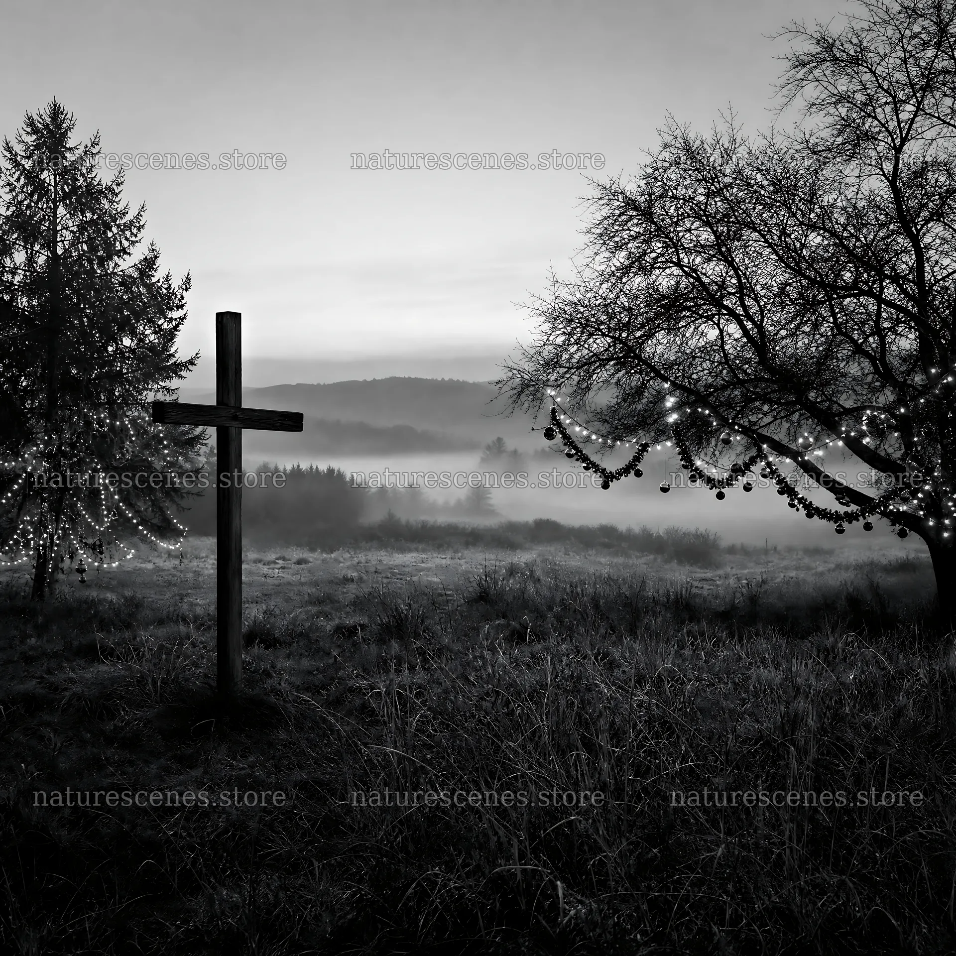 Weathered Christian cross in misty meadow at dawn – nature scenes 7938x7938