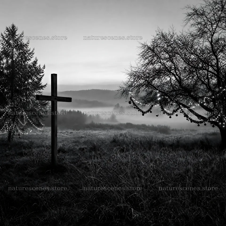 Weathered Christian cross in misty meadow at dawn – nature scenes 7938x7938