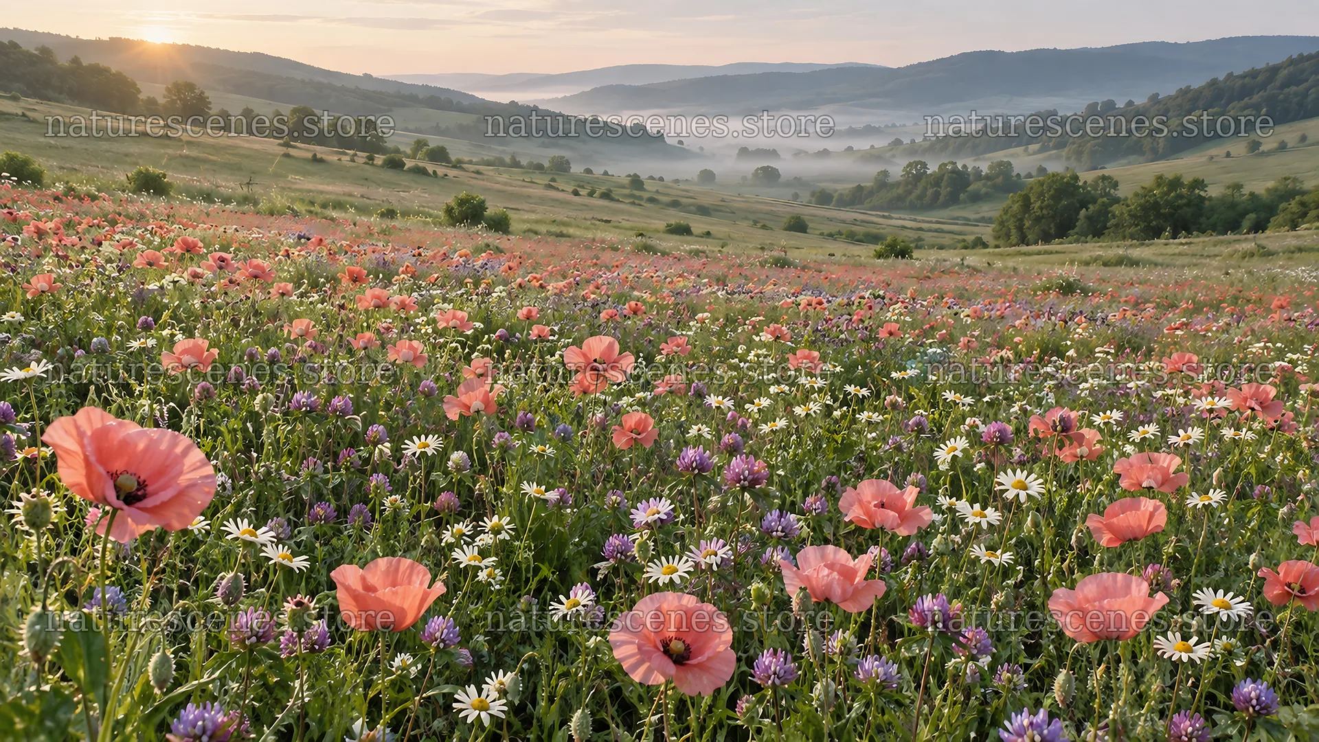 Wildflower Meadow Across a Misty Valley at Sunrise – nature scenes 10324x5812