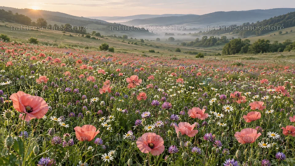 Wildflower Meadow Across a Misty Valley at Sunrise – nature scenes 10324x5812