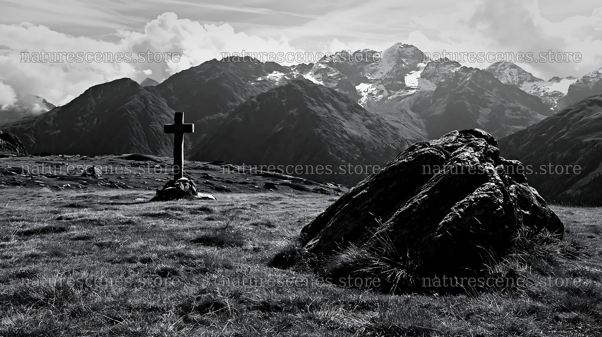 Stone Christian cross in alpine valley meadow – nature scenes 10608x5938