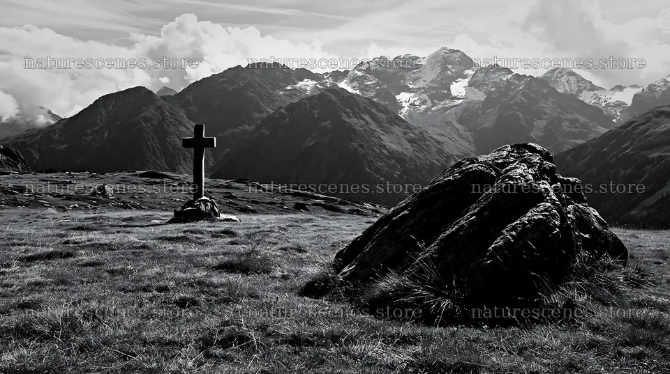 Stone Christian cross in alpine valley meadow – nature scenes 10608x5938