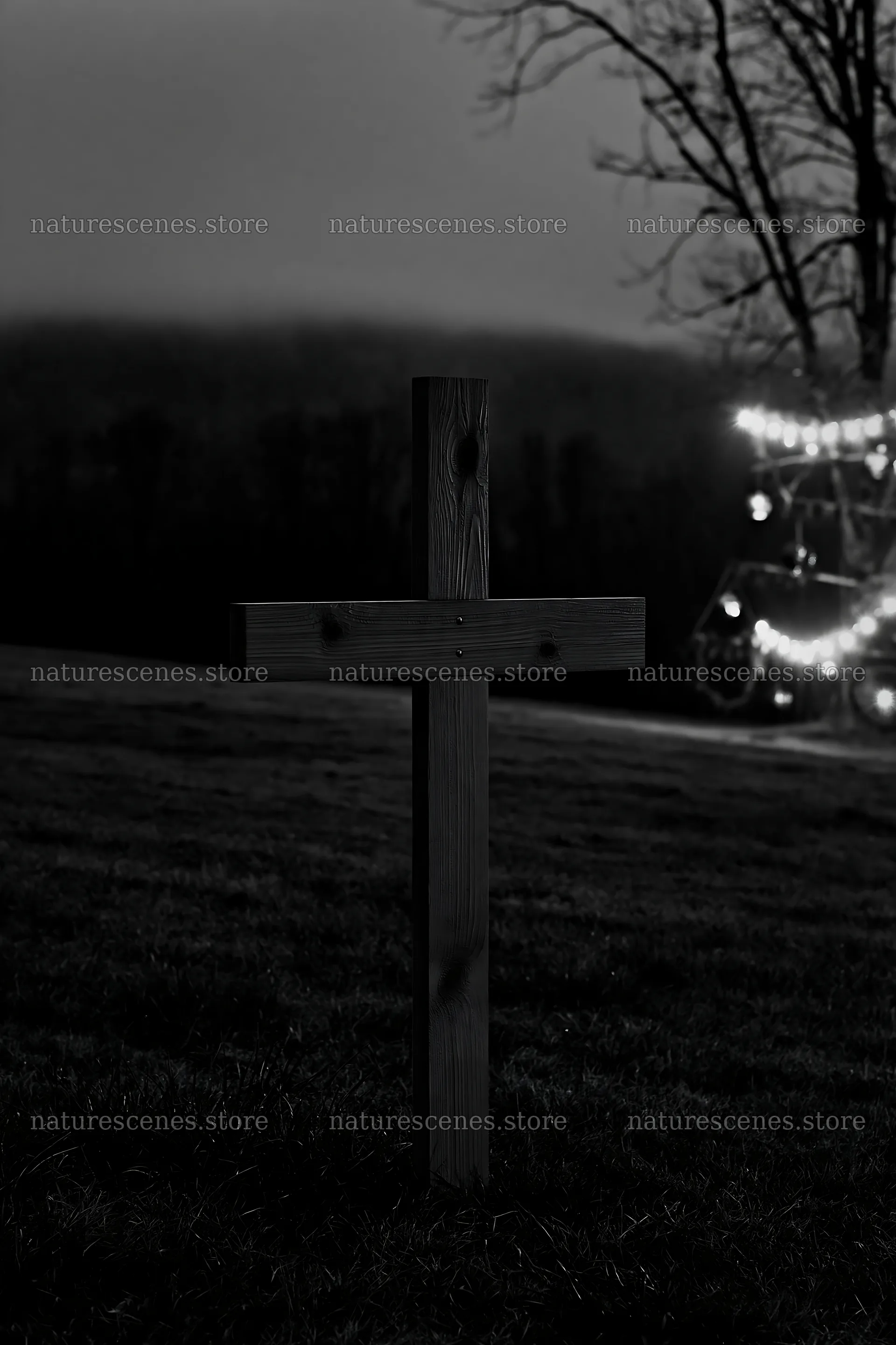 Christian cross in meadow during blue hour – nature scenes 6480x9722