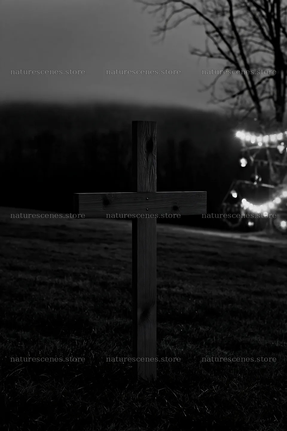 Christian cross in meadow during blue hour – nature scenes 6480x9722