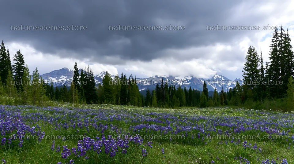 Rainwashed meadow with flowers and mountains in the background – nature scenes 10608x5938