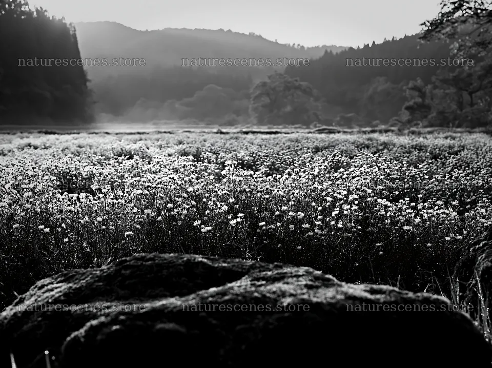 Kyoto spring wildflower meadow with stone foreground – nature scenes 9174x6866