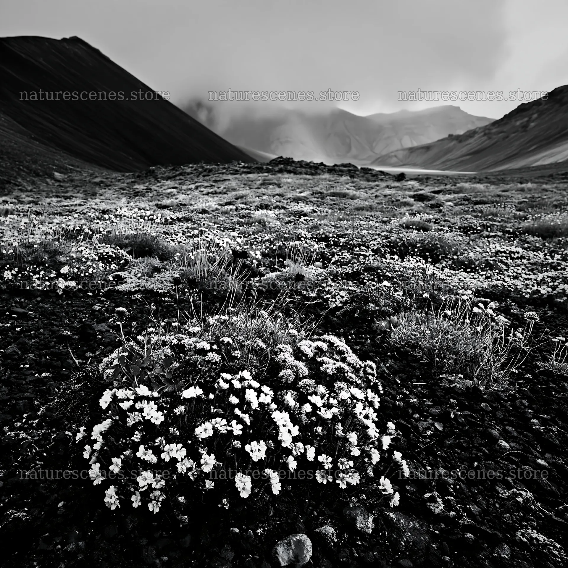 Mountain pass meadow with flowers and rocky landscape – nature scenes 7938x7938