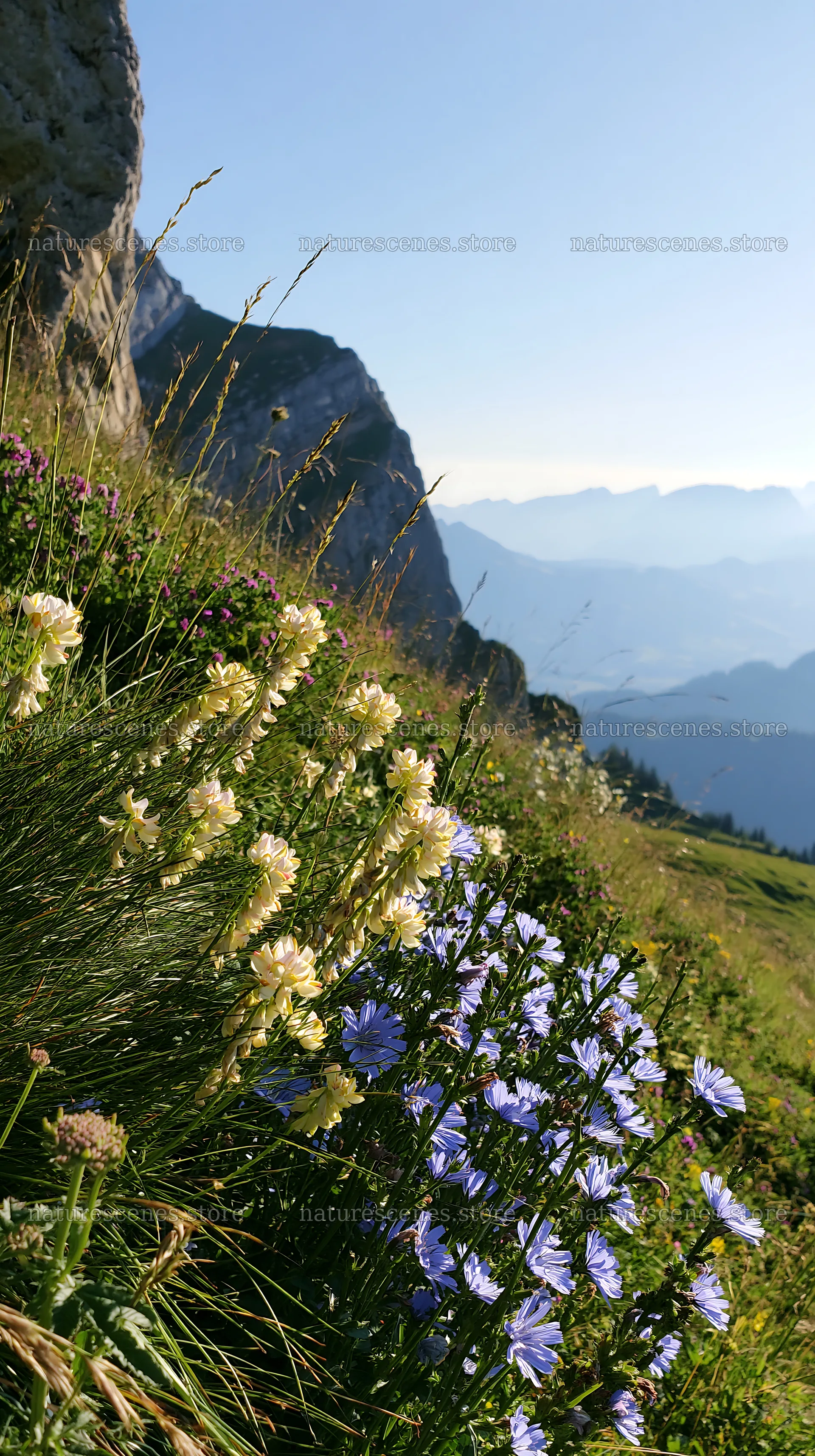 Sainfoin chicory meadow with mountain backdrop in daylight – nature scenes 5938x10608