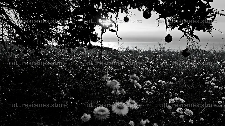 Wide Christmas meadow with native flowers and fairy lights – nature scenes 10608x5938