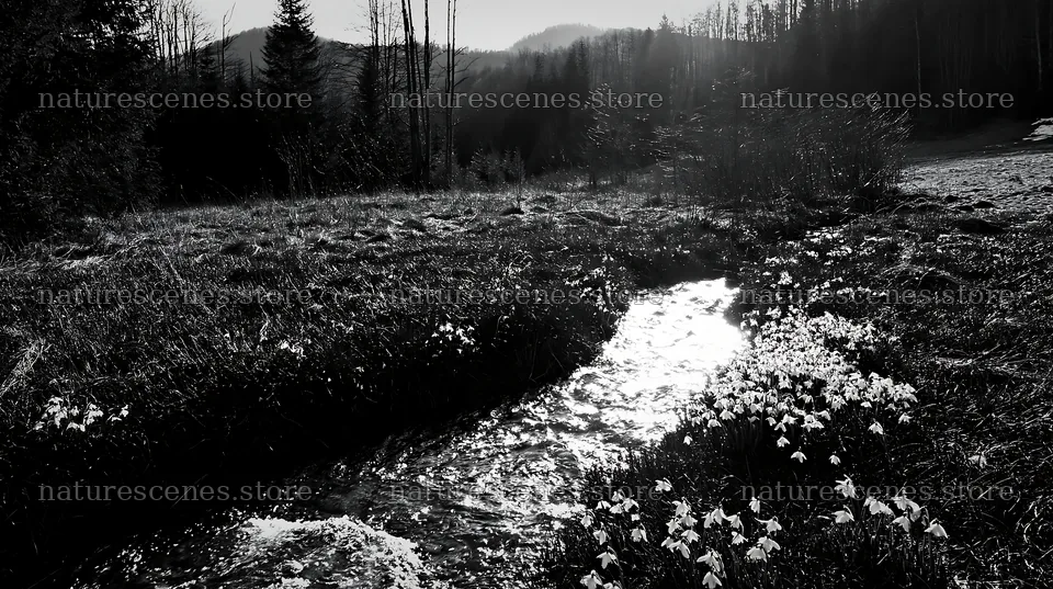 High contrast meadow with natural stream in black and white – nature scenes 10608x5938