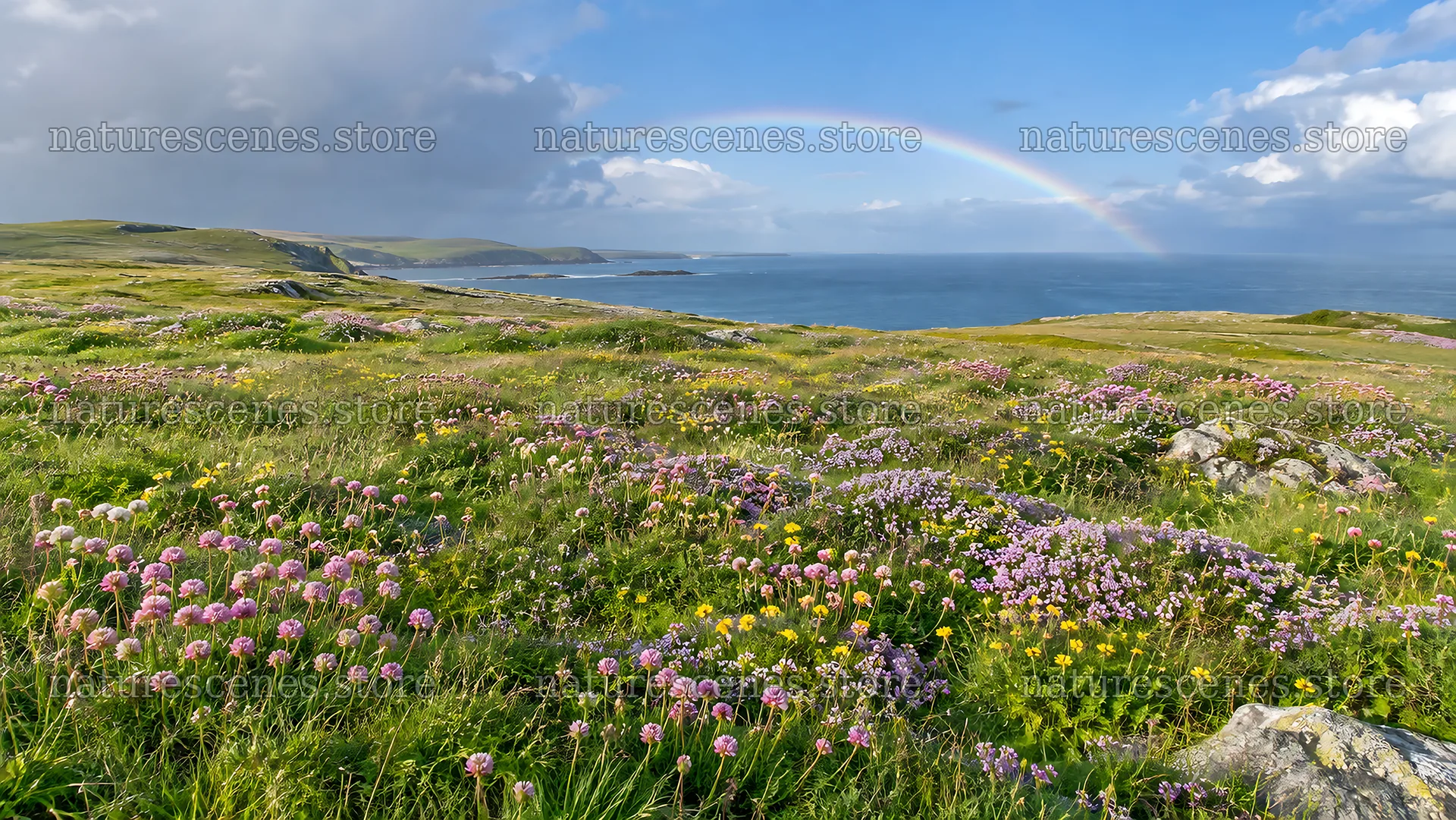 Wildflower Meadow Above a Coastal Bay – nature scenes 10324x5812